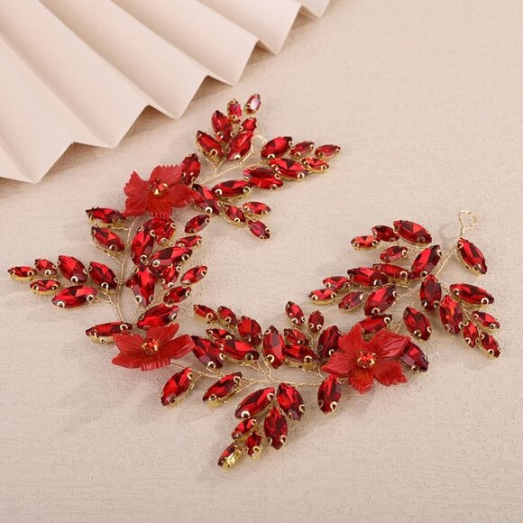 Acrylic Resin Red Flower Headband with Pearl for Wedding Bridesmaid Hair Piece